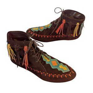 Brown Suede Fringe Ankle Boots with Multicolor Embroidery